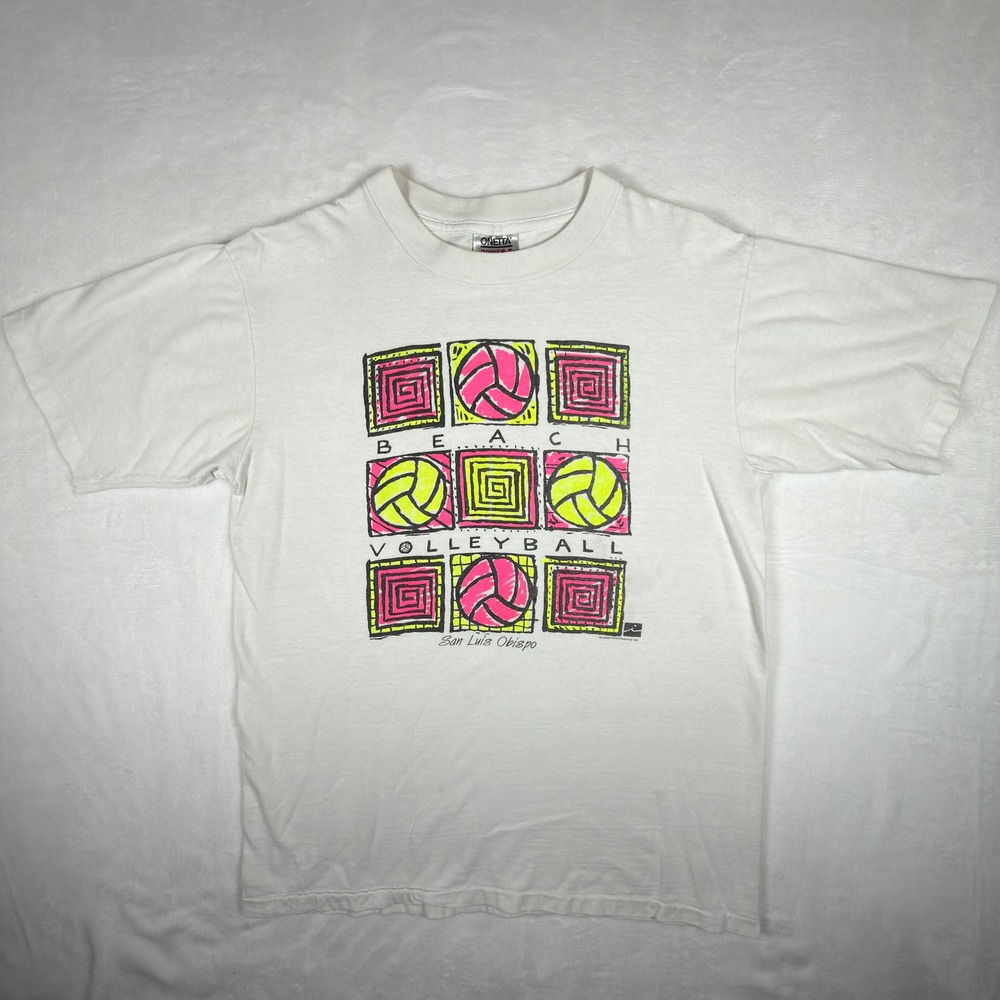 Vintage 1989 Oneita Power-T Beach Volleyball San Luis Obispo T-Shirt White L